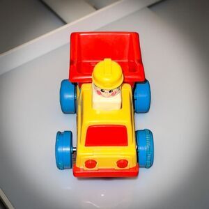 Vintage Push N Go Dump Truck Tomy Toys Yellow & Red 1975 Works B9